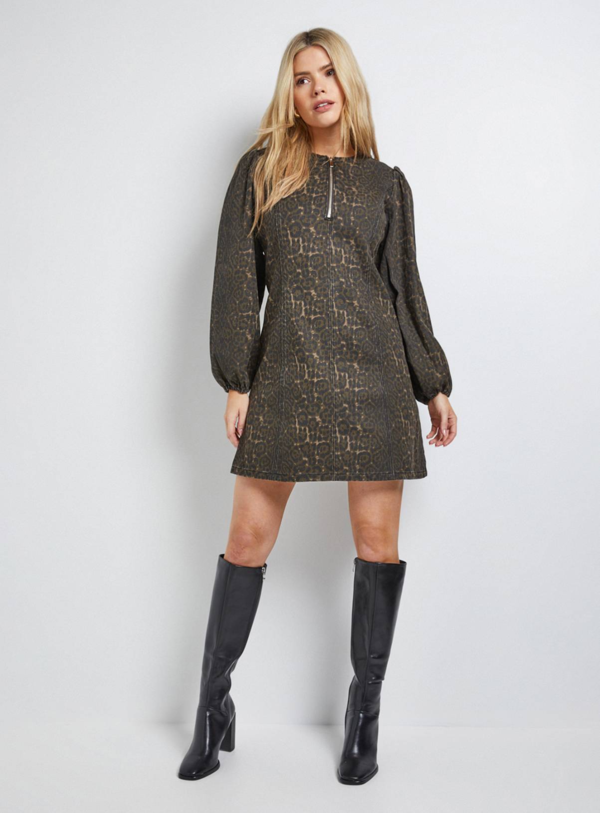 DOROTHY PERKINS Leopard Zip Front Denim Mini Dress 10 - Image 4